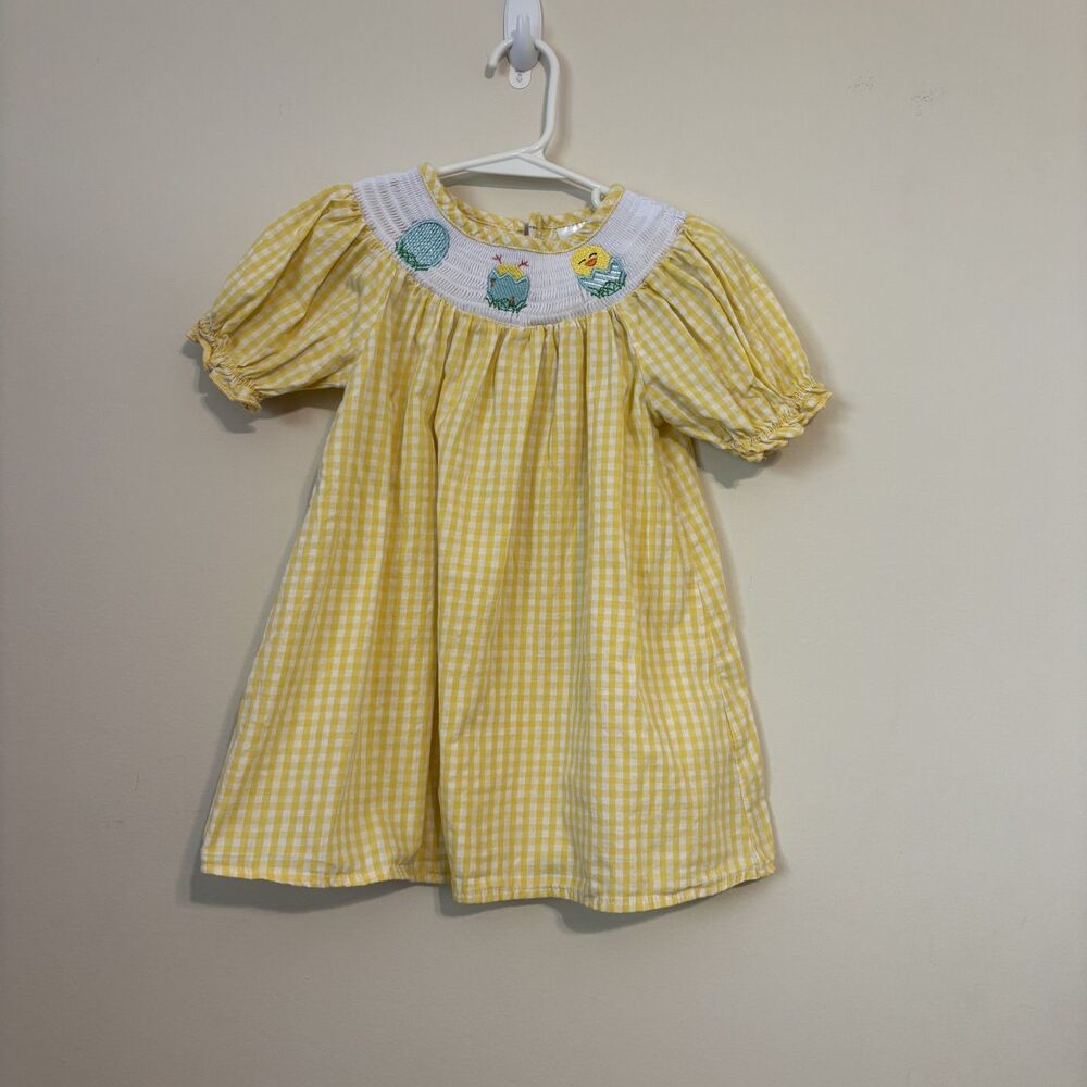 Honey Bean Smocked Easter Bishop dress Size 2 Yellow White Gingham 100% Cotton
